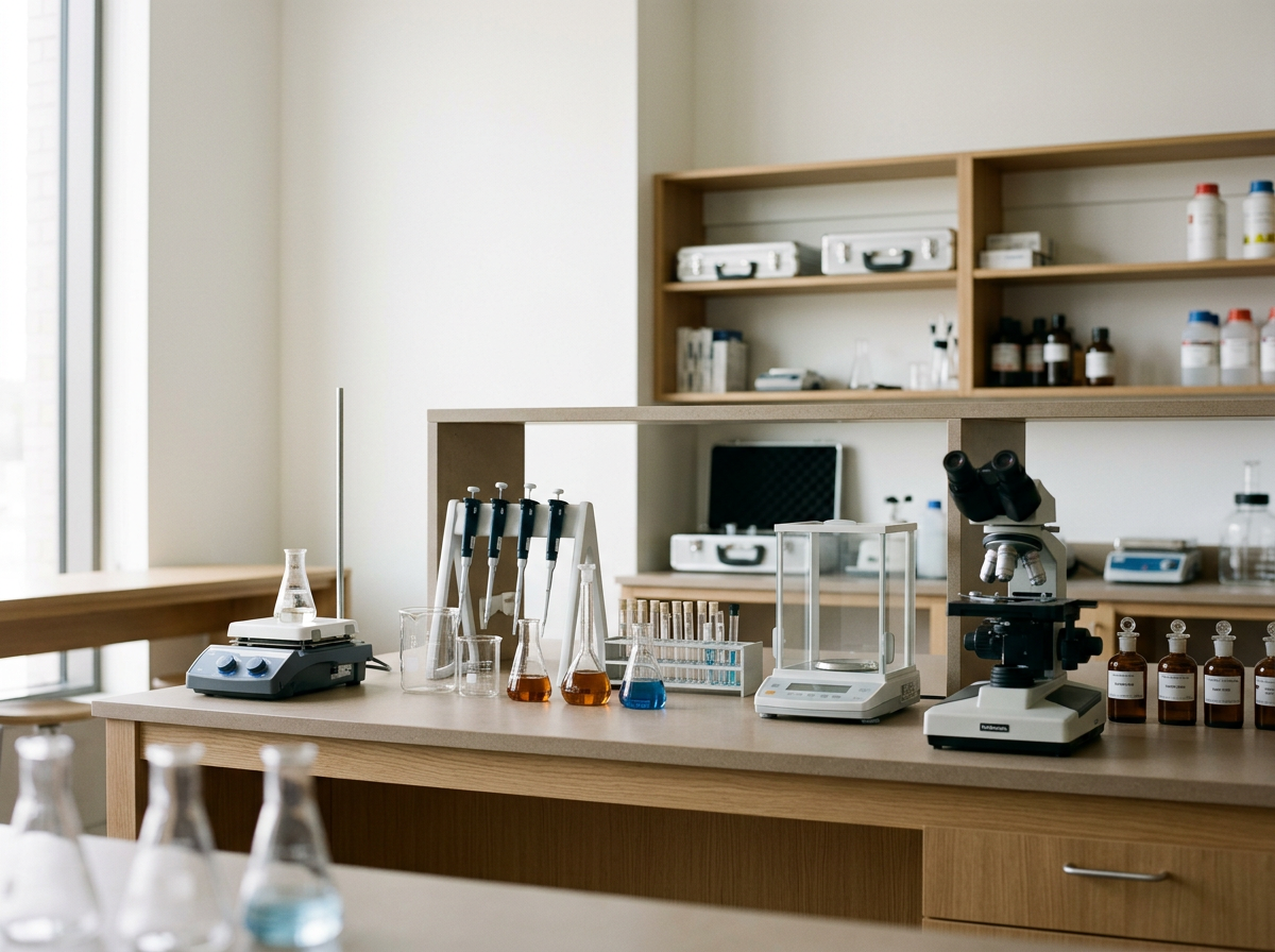 A laboratory workspace with various scientific equipment including test tubes, beakers with liquids, a microscope, a scale, and bottles of chemicals, all arranged on a wooden counter.