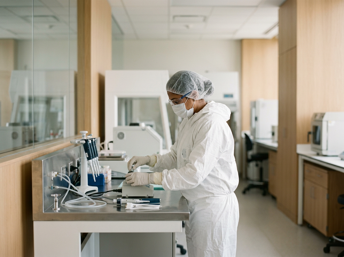 A scientist or lab technician in full protective gear working in a laboratory with scientific equipment and instruments.