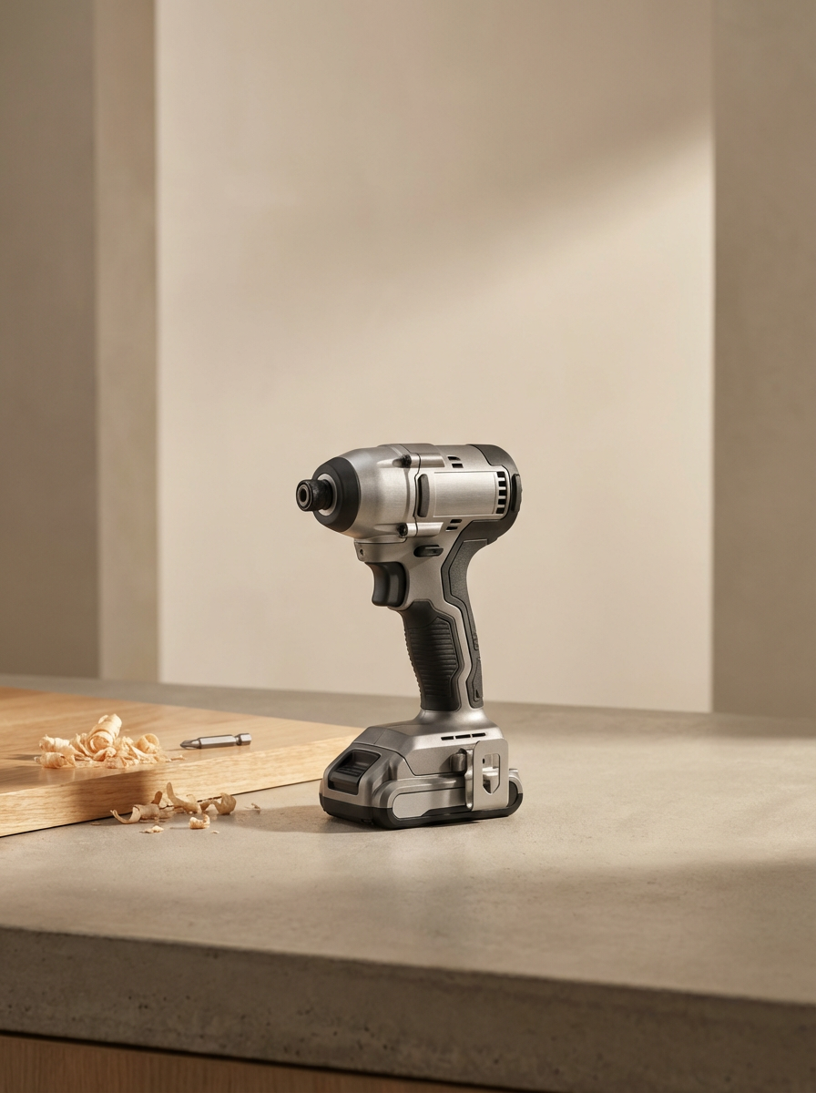 A cordless power drill on a kitchen countertop with wood shavings and a drill bit nearby.