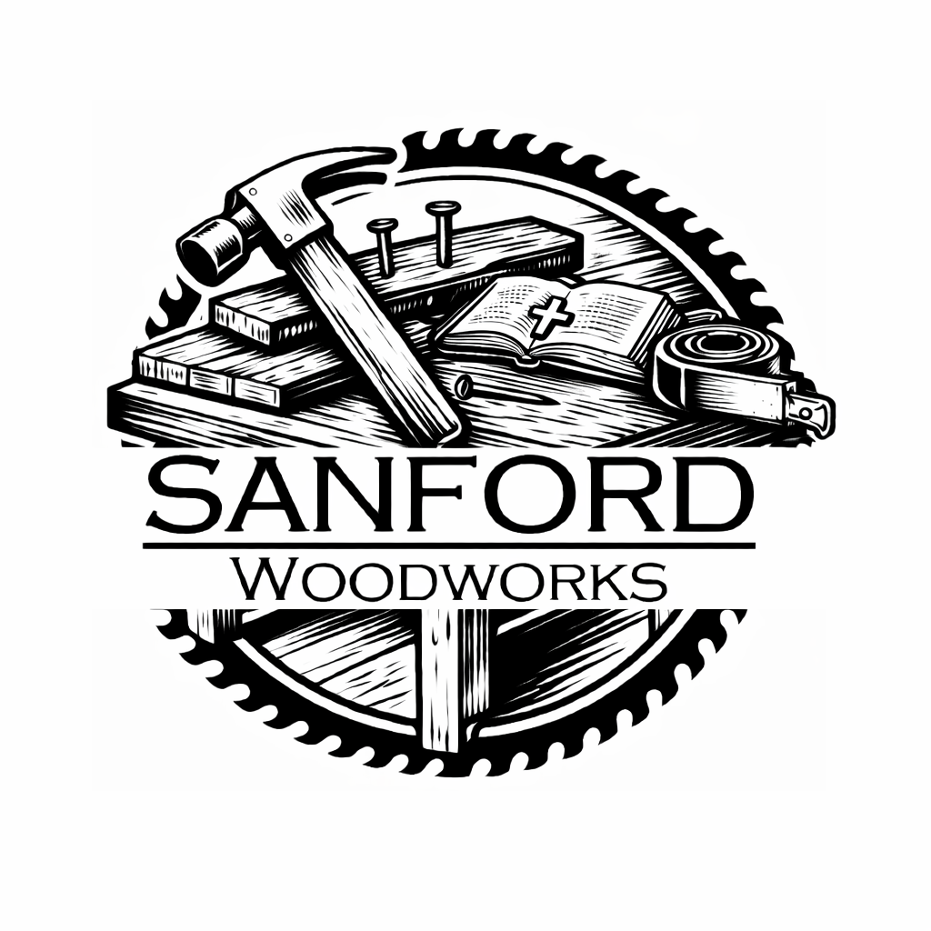 A black and white logo for Sanford Woodworks featuring a circular saw blade with tools on top, including a hammer, nails, a measuring tape, and an open book with a cross, with the text 'Sanford Woodworks' in the center.