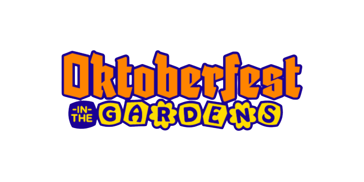 Colorful logo for Oktoberfest in the Gardens featuring stylized orange text and yellow letters on a dark background.