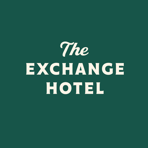 Logo for The Exchange Hotel with white text on a dark green background.