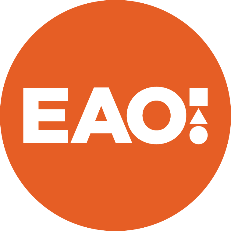 Orange circle with white bold text displaying the abbreviation "EAQ!".