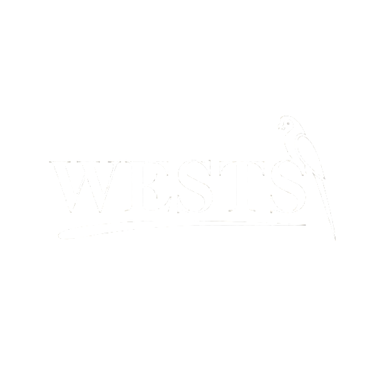 Logo with the word 'WESTS' in bold white letters and a white parrot perched on the letter 'S', all on a black background.