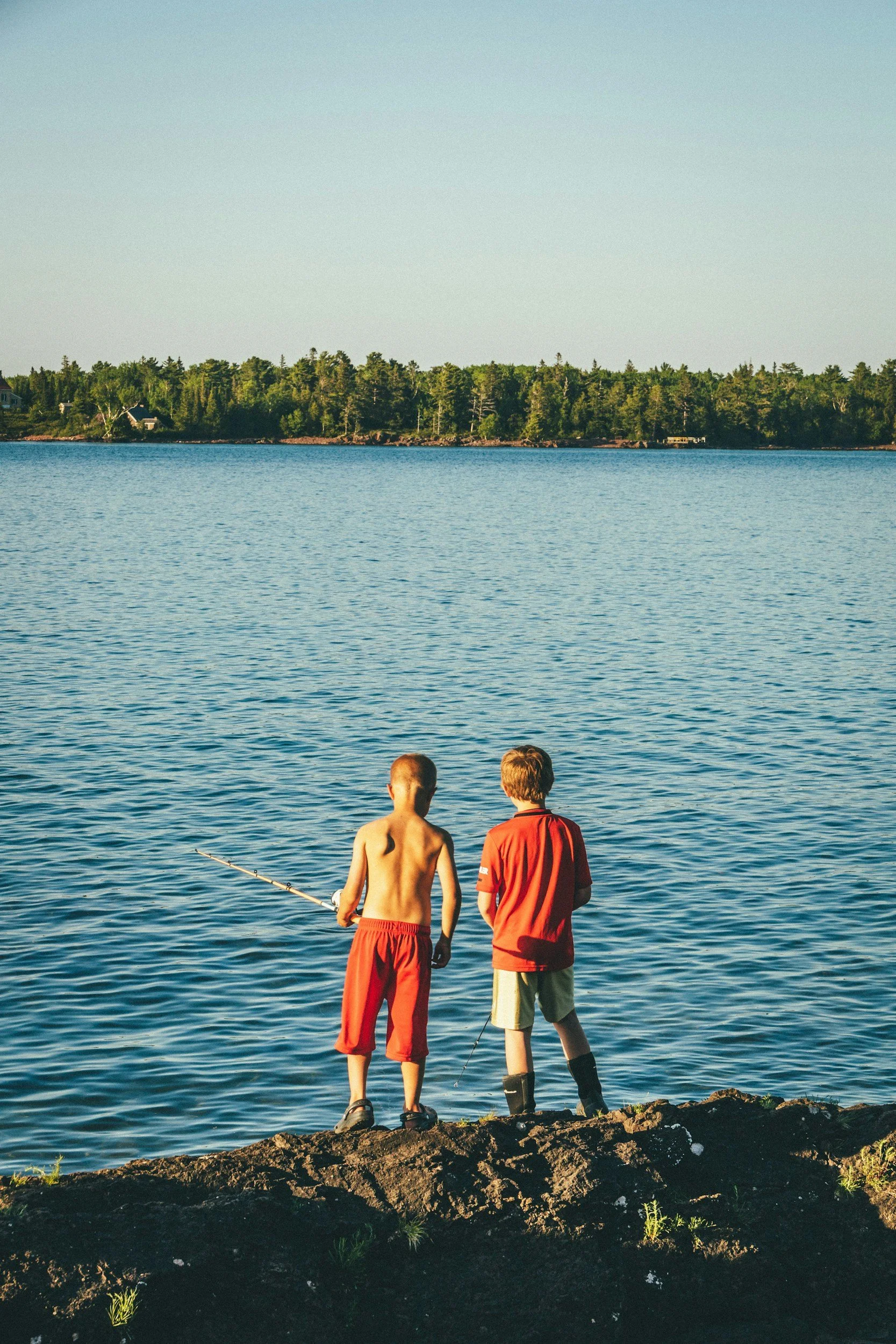 Two boys standing on a rocky shoreline by a body of water, with one holding a fishing rod. The background features a forested island or shoreline with houses, under a clear blue sky.