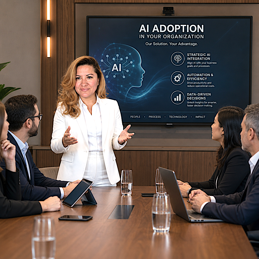 Businesswoman giving a presentation on AI adoption to a group of professionals in a conference room.