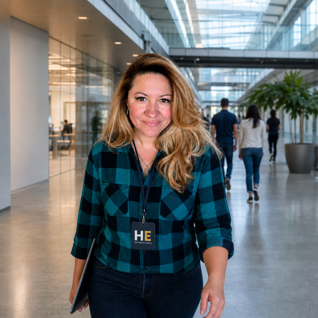 A woman with blonde hair wearing a blue and black plaid shirt and a badge around her neck, walking in a modern, glass-walled building with a few other people in the background.