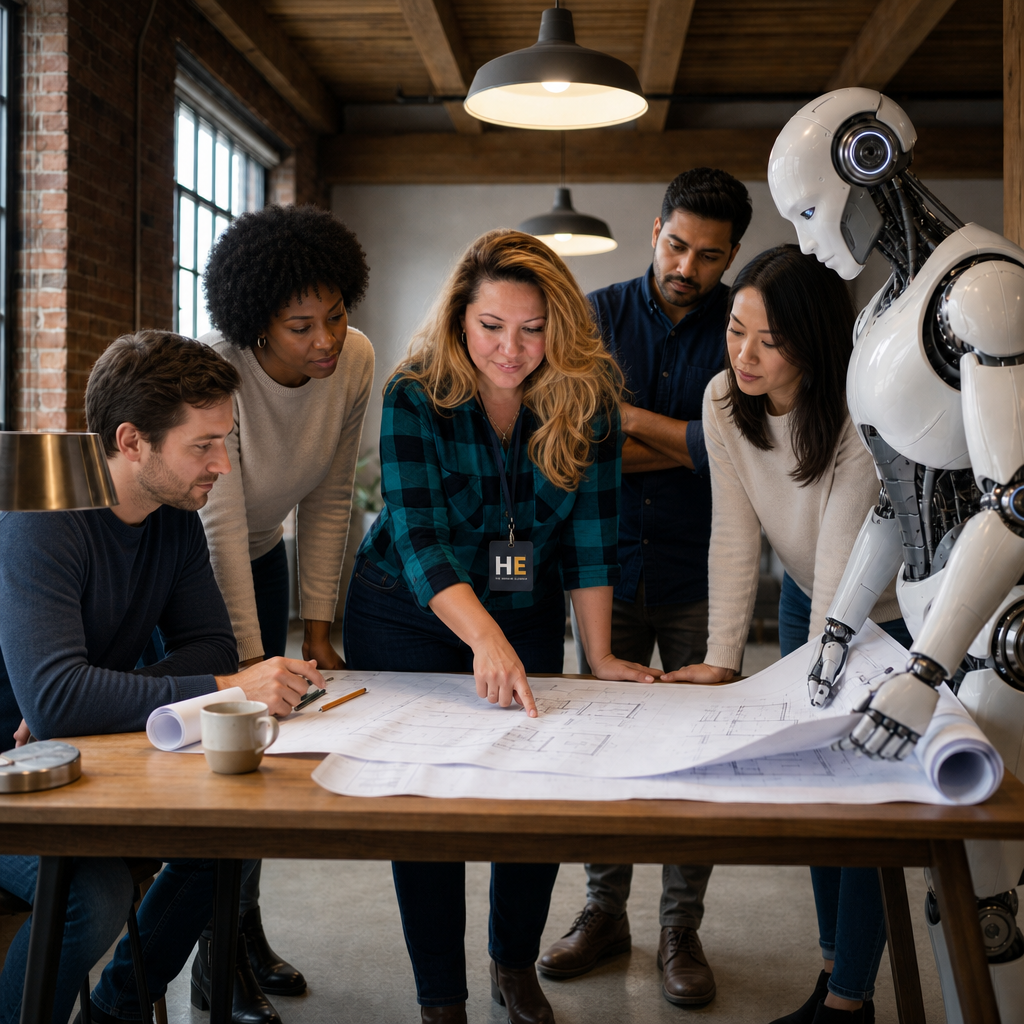 Group of five people and a robot examining architectural blueprints on a table in a modern industrial-style office.
