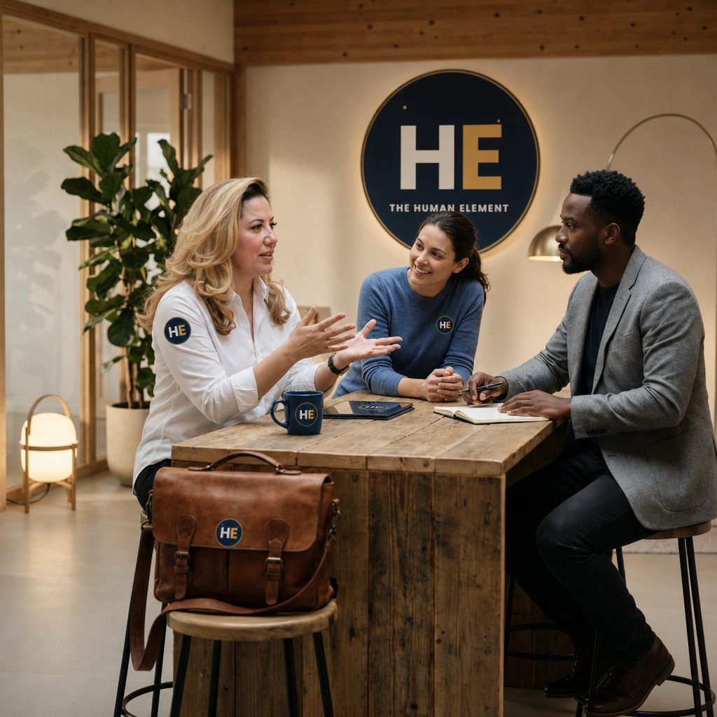 Three people sitting at a wooden table in a modern office, engaged in a discussion. Behind them is a sign with the logo 'HE' and the words 'The Human Element.' The woman on the left is speaking, wearing a white shirt with a 'HE' patch on her arm, and the other two are listening, one smiling and the other taking notes.