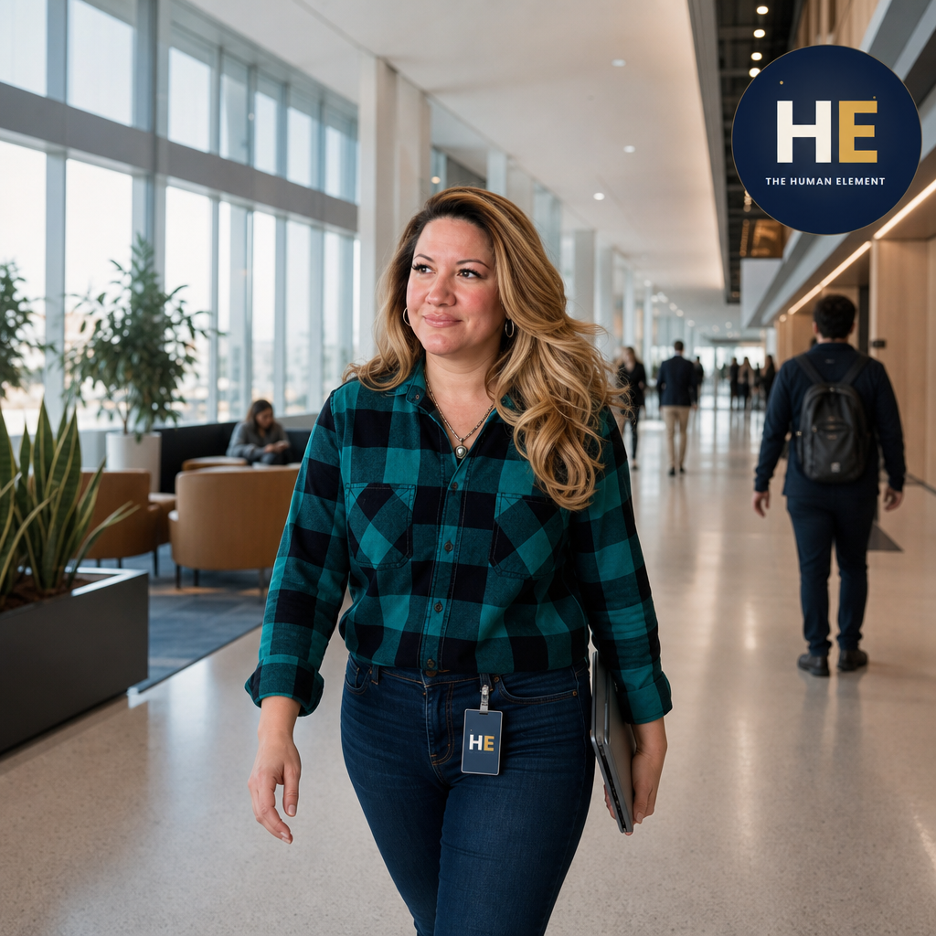 A woman walking through an airport terminal with large windows, holding a laptop, wearing a blue and black plaid shirt and jeans, with a badge that reads 'HE' around her neck.