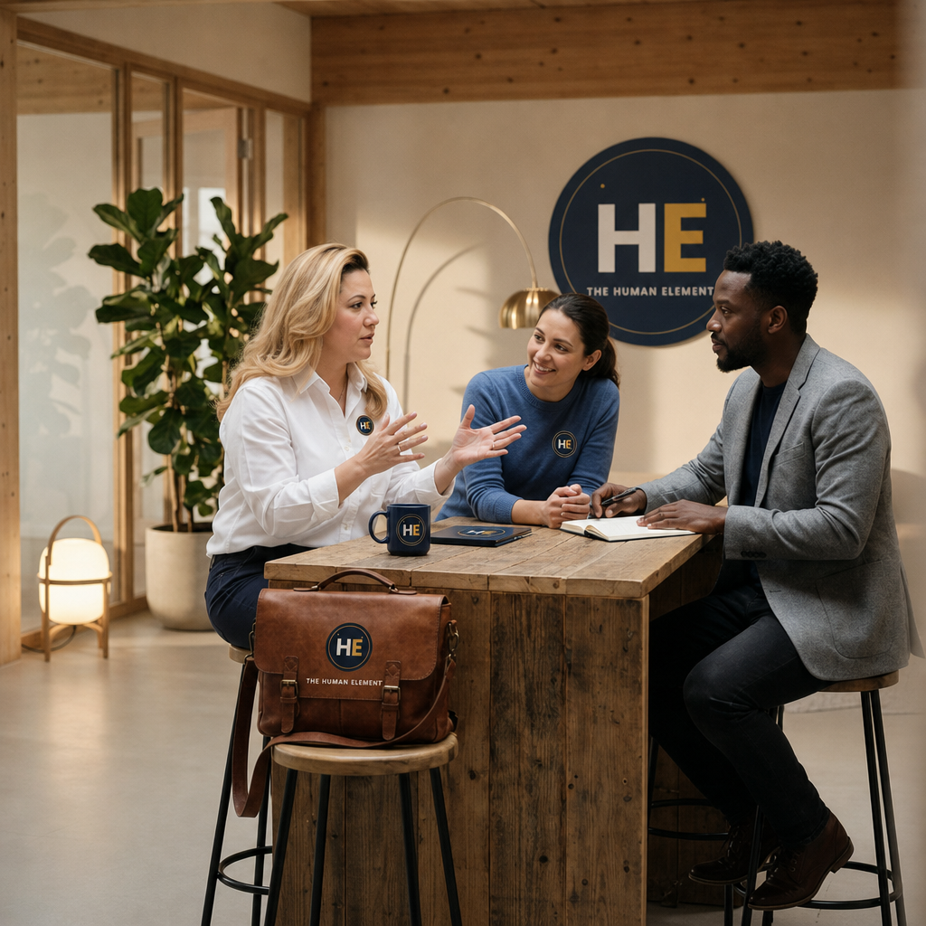 Three people engaged in a discussion at a wooden table in an office setting, with a large circular logo reading 'HE The Human Element' on the wall behind them. One woman is speaking, while the other woman and man listen attentively.
