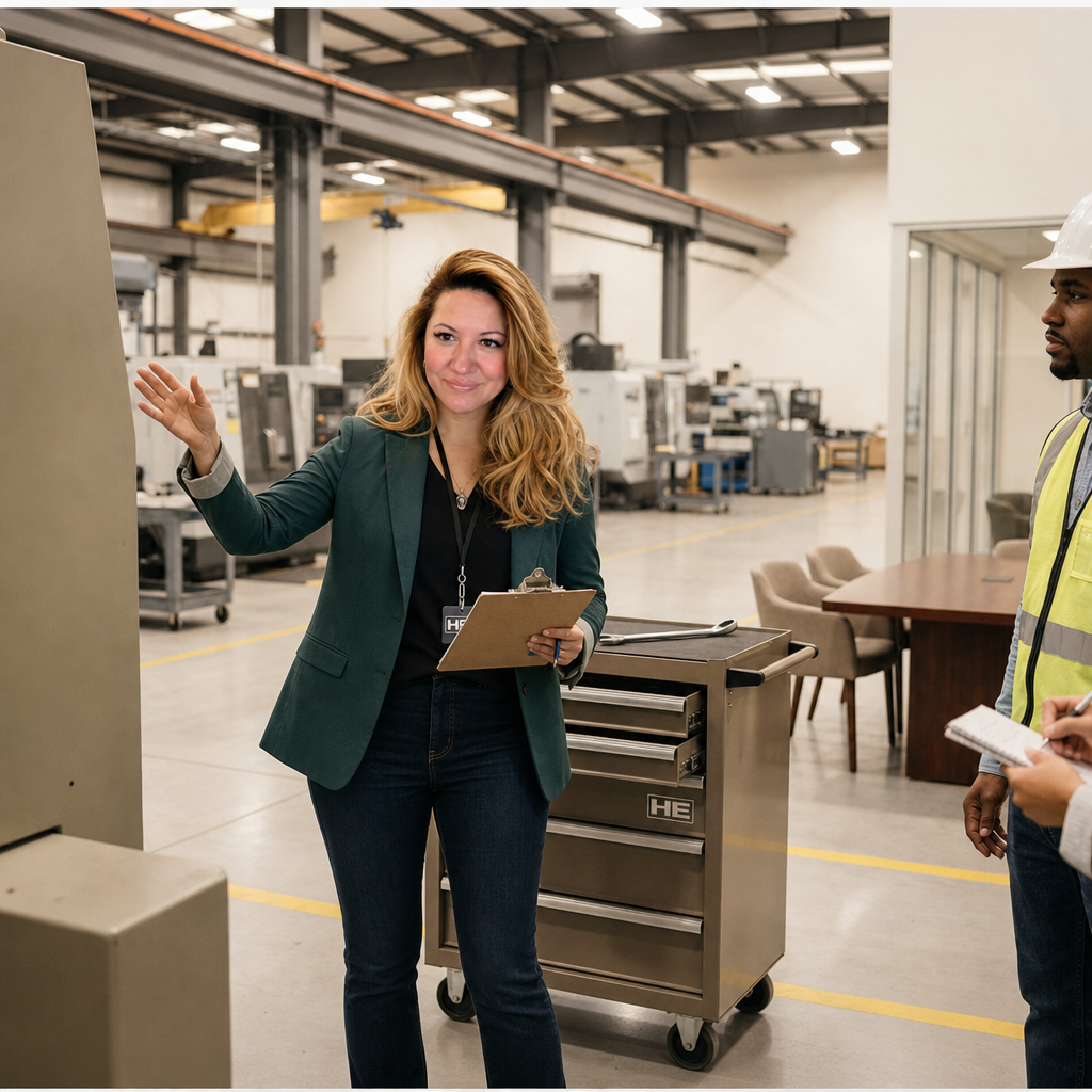 Woman in business attire explaining something with a clipboard in an industrial warehouse to a man wearing a safety vest and hard hat, with industrial equipment and a conference table in the background.