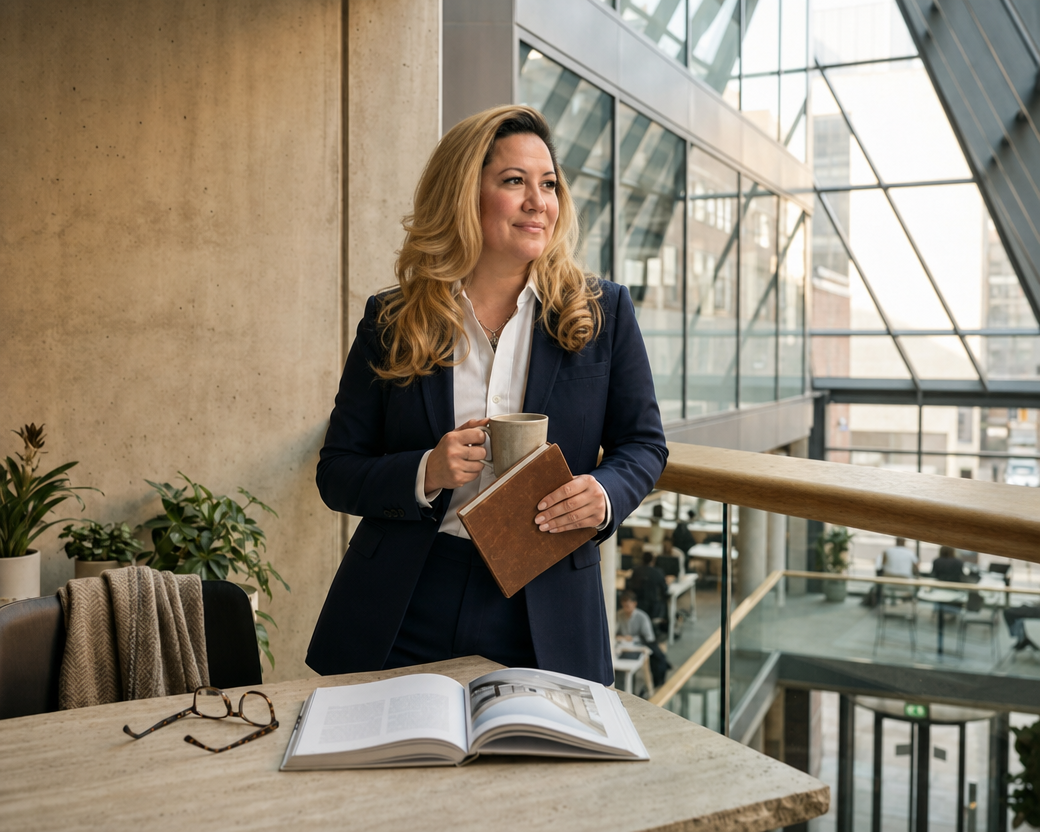 A woman in a navy blazer holding a coffee mug and a closed book, standing by a conference table with an open magazine and eyeglasses, in a modern office building with large glass windows.