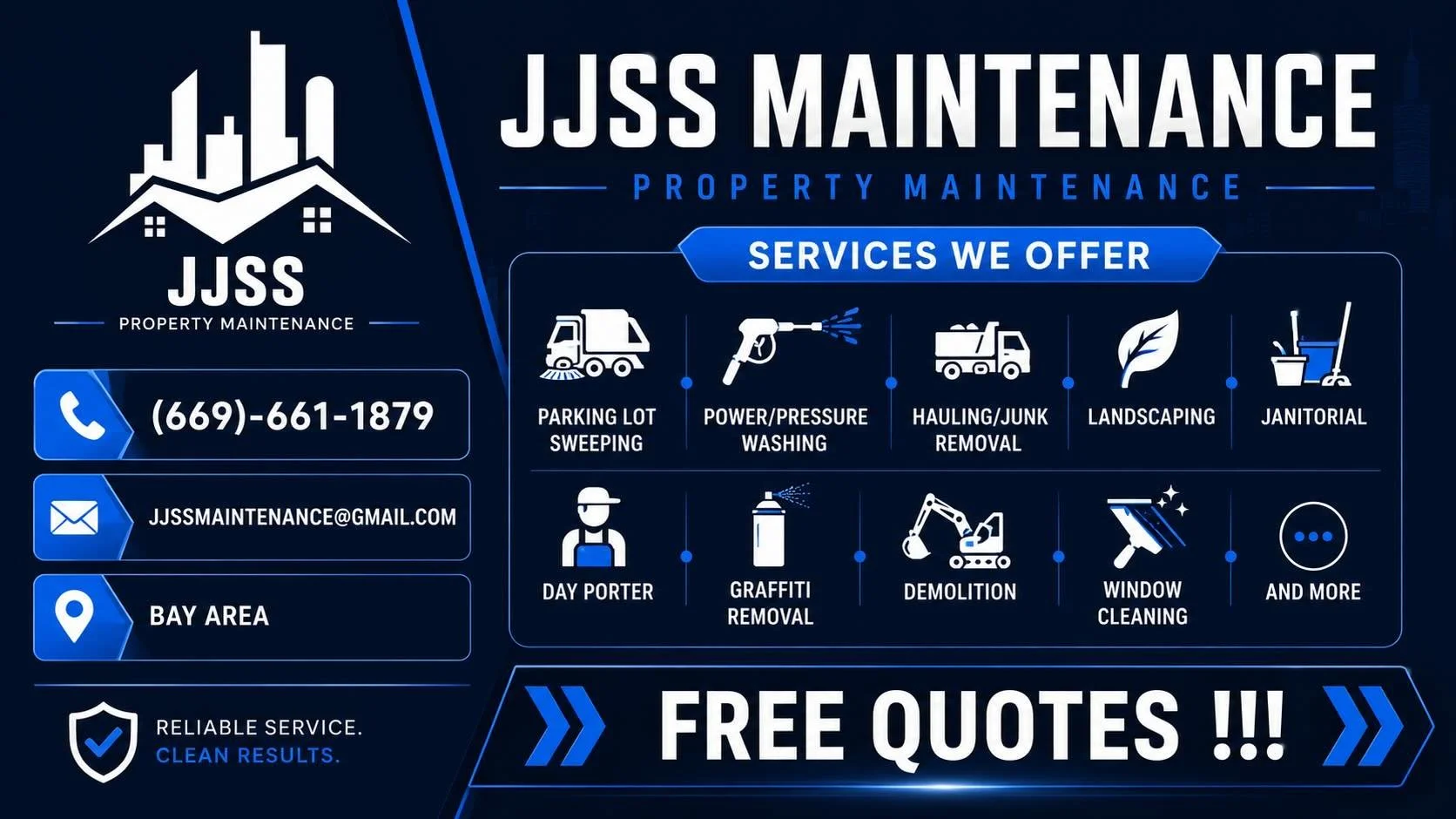 Is your property being handled or just managed?
At JSS Maintenance we keep commercial properties clean, sharp, and professional - from parking lot sweeping to pressure washing to graffiti removal. One call, one crew, handled.
📞(669) 661-1879 📧jjssm