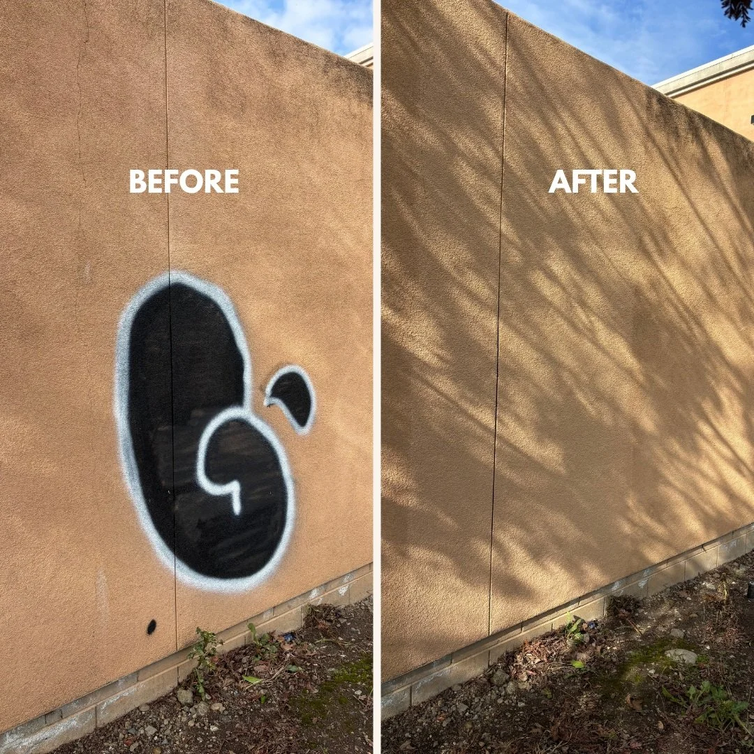Graffiti sitting on a property for weeks isn't just an eyesore &mdash; it's a compliance risk with the city.
We got the call, got out fast, and got it handled. Before and after, photo-documented like every job we do &mdash; so you're never left wonde