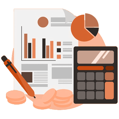 Calculator, pencil and coins icon