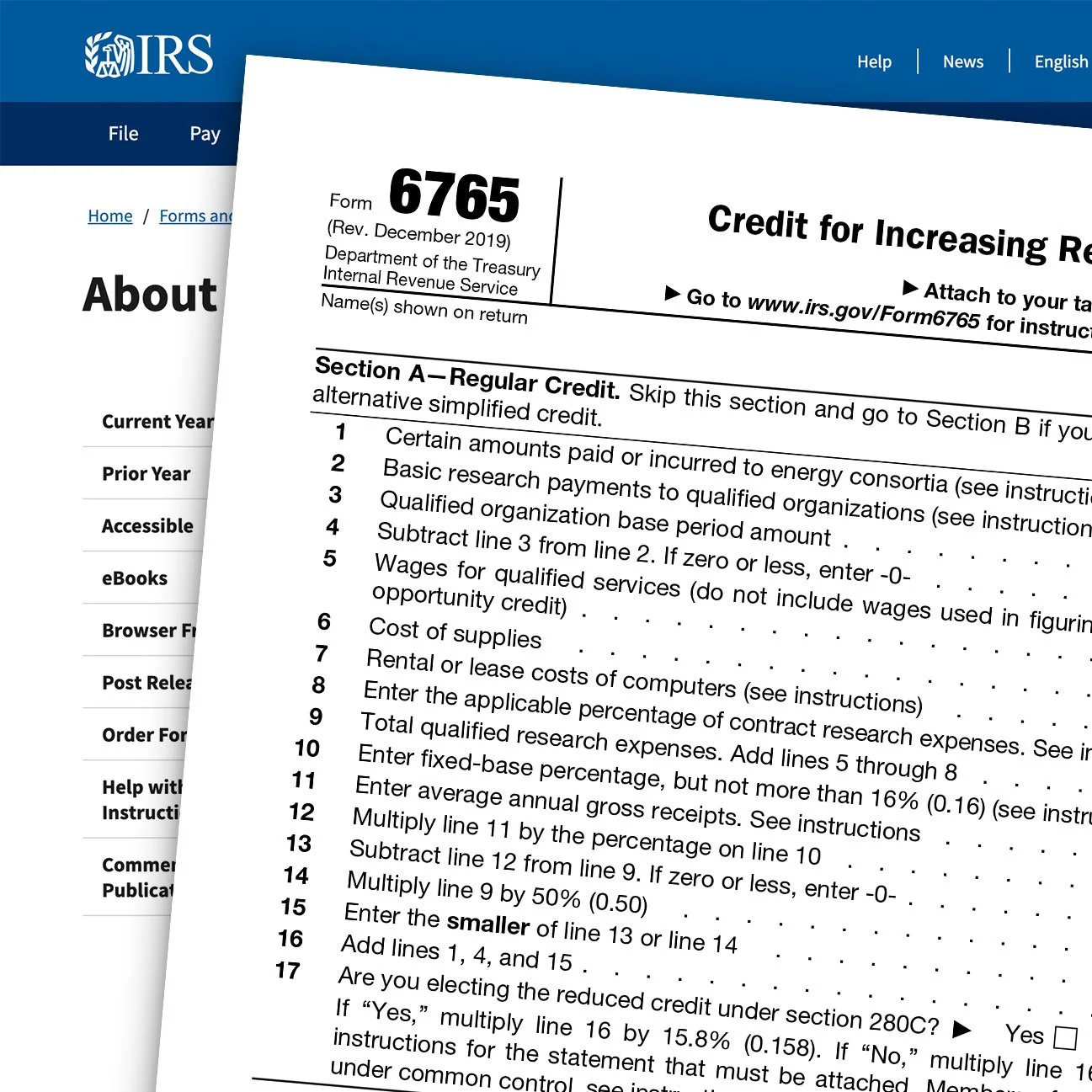 Partially visible IRS Form 6765, Related to credit for increasing research activities, showing instructions and numbered lines for calculations.