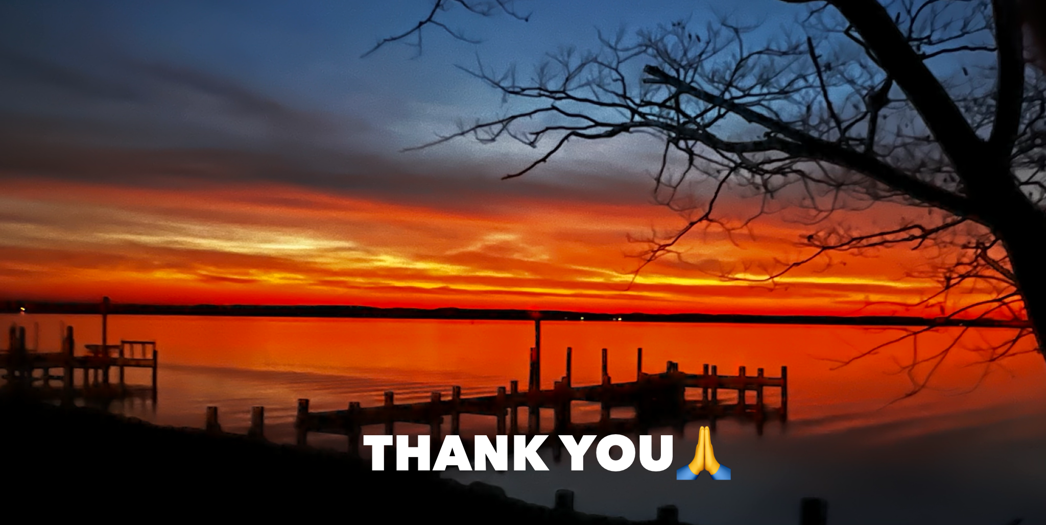 Sunset over a body of water with a wooden dock in the foreground and a large, leafless tree on the right side, with the words 'THANK YOU' and praying hands emojis at the bottom.