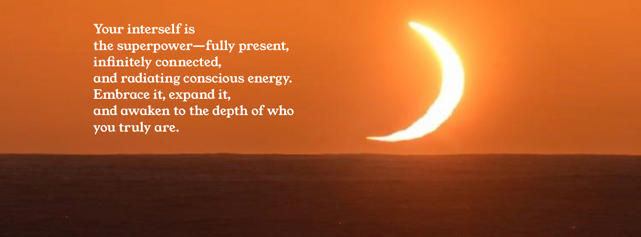 A sunset or sunrise over the ocean with a crescent moon and an inspirational quote about self-empowerment in white text.