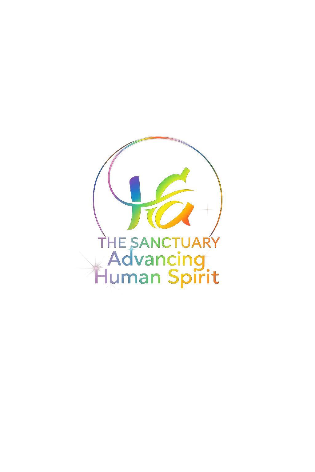 Stylized digital artwork with colorful text that reads 'The Sanctuary Advancing Human Spirit' and a large, colorful 'T' logo in the center, set against a dark, vibrant background with purple and pink light streaks.
