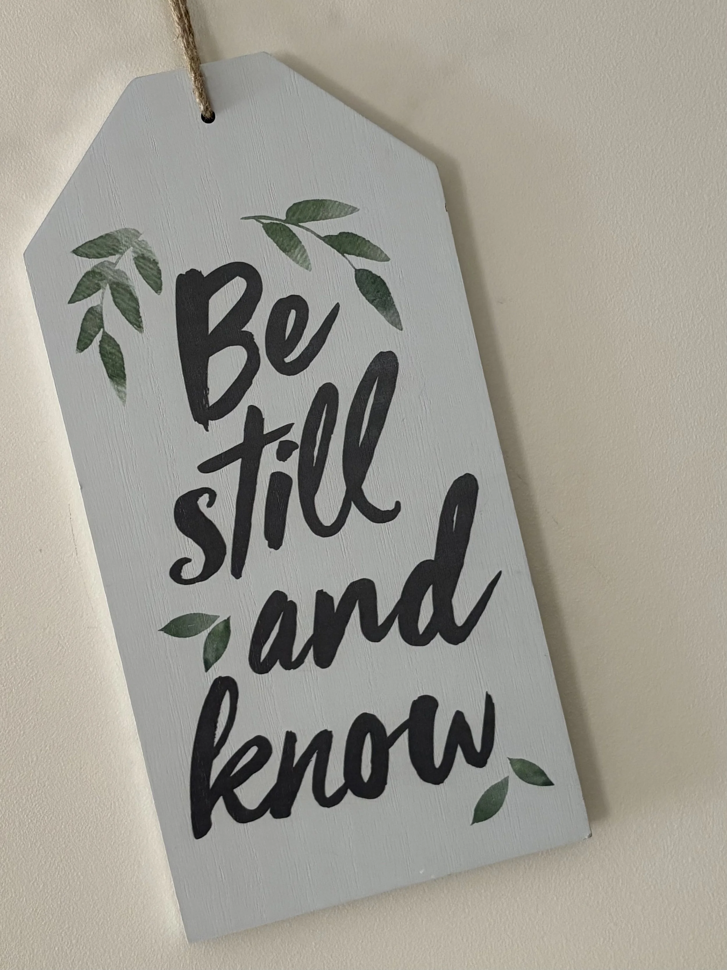 Decorative sign with green leaves and the phrase 'Be still and know' in black script on a white background.