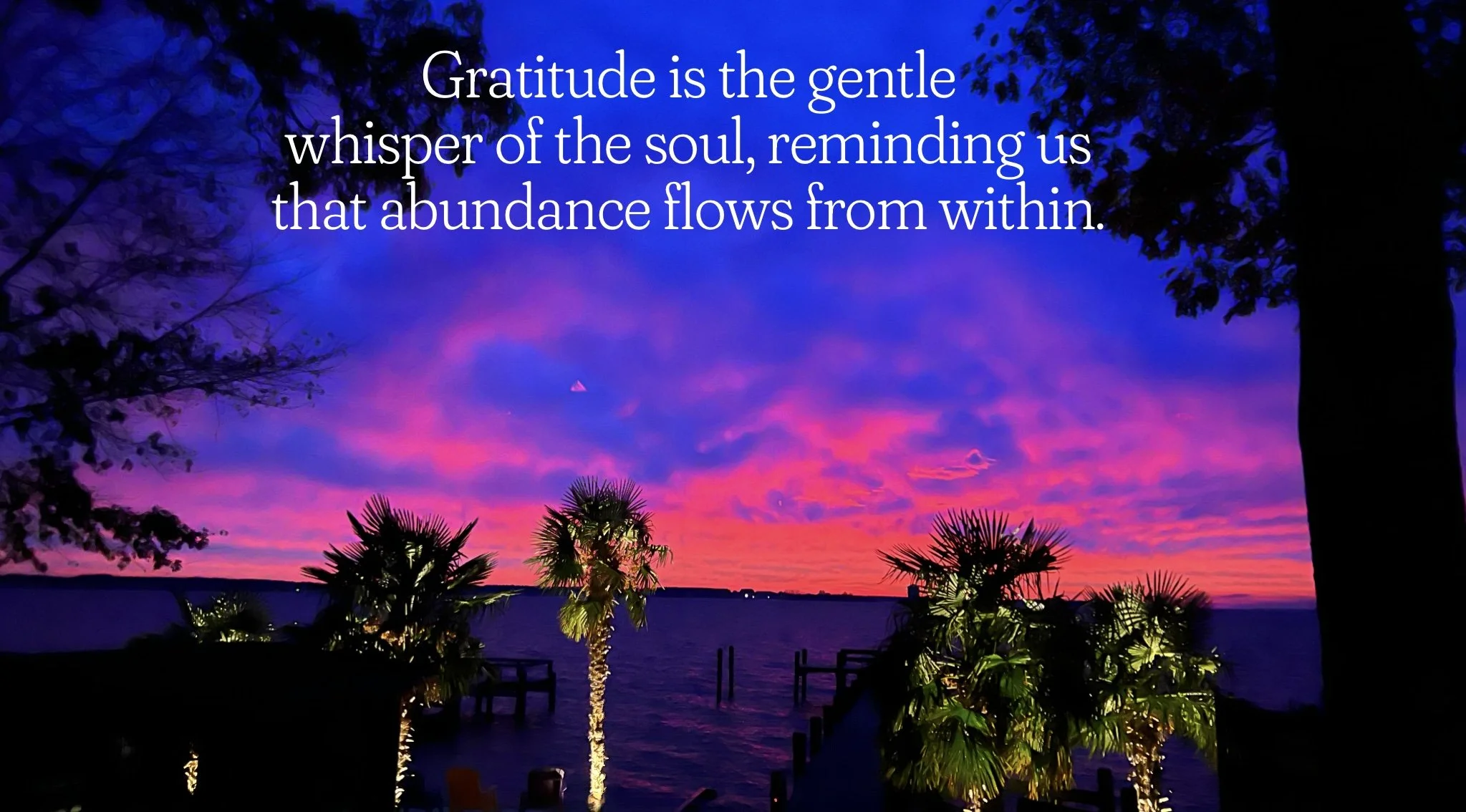 A vibrant sunset over a body of water with pink, purple, and blue sky hues. Silhouettes of trees and palm plants are in the foreground, and a quote about gratitude is overlaid on the image.