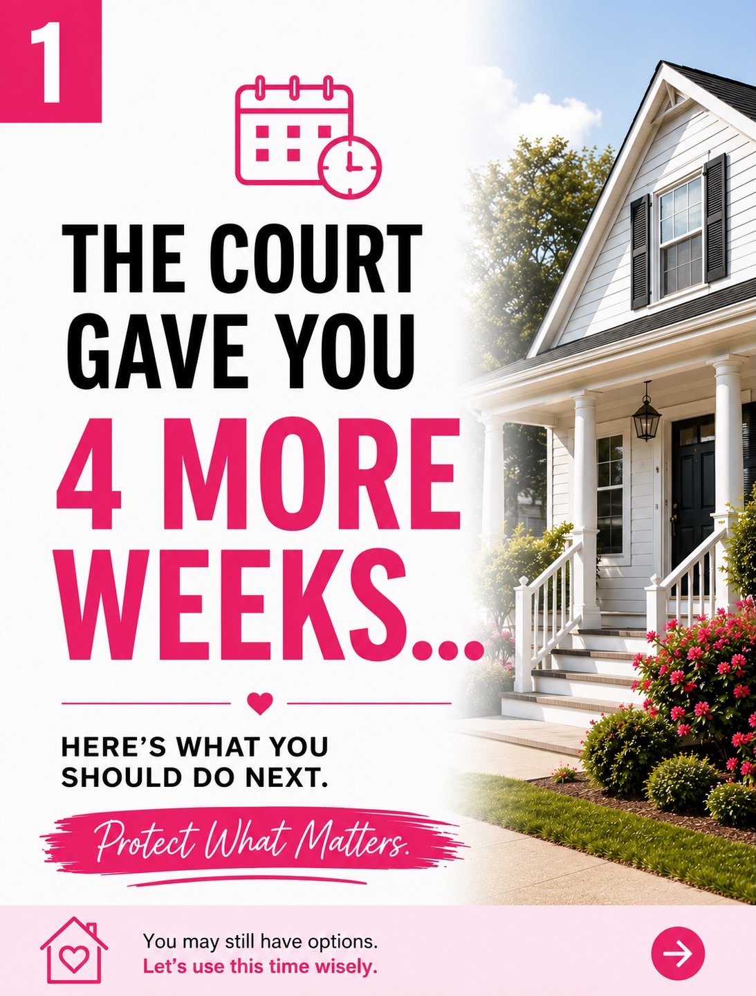 A postponed auction doesn&rsquo;t mean you&rsquo;re out of danger.

It means you&rsquo;ve been given more time to protect your home, your equity, and your future.

Don&rsquo;t waste it. Protect What Matters. 💗

Let&rsquo;s make a plan before time ru