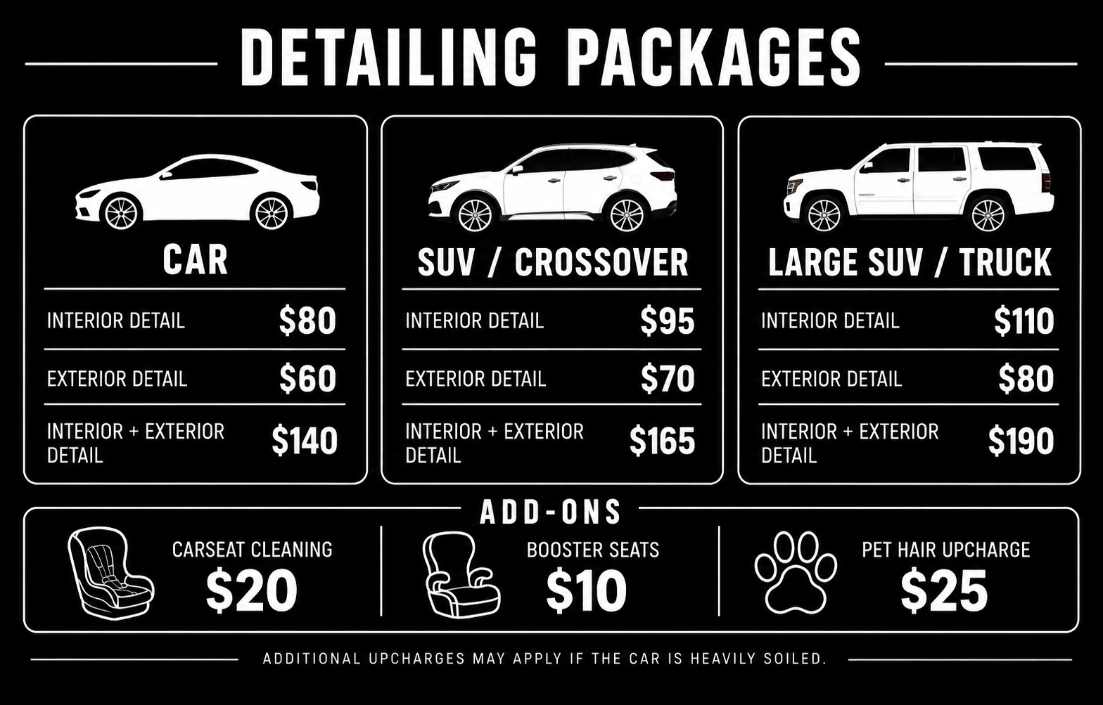 Car detailing packages price chart showing interior, exterior, and combined service prices for cars, SUVs, crossovers, and large SUVs or trucks, plus seat cleaning, booster seat, and pet hair add-ons.