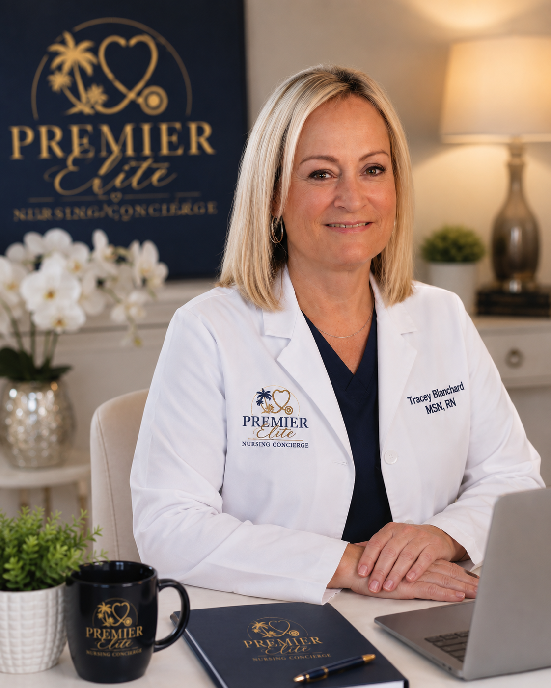 A woman in a white coat with 'Tracey Blanchard MSN, RN' embroidered on it, sitting at a desk with a laptop, a black mug with 'Premier Elite Nursing Concierge' logo, a notebook, and a pen. Behind her is a sign that says 'Premier Elite Nursing Concierge', a lamp, a potted plant, and a vase with white flowers.