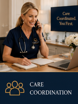 A smiling female nurse or healthcare worker sitting at a desk with a stethoscope around her neck, talking on a phone, taking notes, with a laptop and a bouquet of white flowers nearby. Behind her is a sign that says 'Care Coordinated. You First.' and a sign below that reads 'Care Coordination' with an icon of three people.