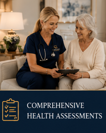 A healthcare professional and an elderly woman sitting on a couch, reviewing information on a tablet in a well-lit room.
