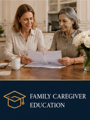 Two women sitting at a kitchen table looking at papers together, with a logo and text reading "Family Caregiver Education" on the bottom.