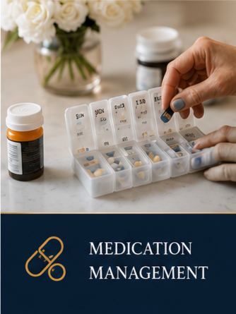 Hand placing a pill from a medication organizer labeled 'Medication Management' on a countertop with a vase of white flowers and medication bottles in the background.