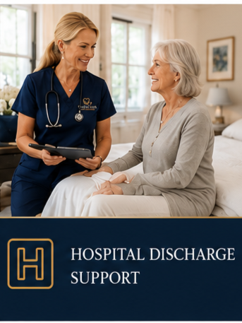 A healthcare professional, smiling, speaking with an elderly woman in a hospital room, with a banner that says 'Hospital Discharge Support'.