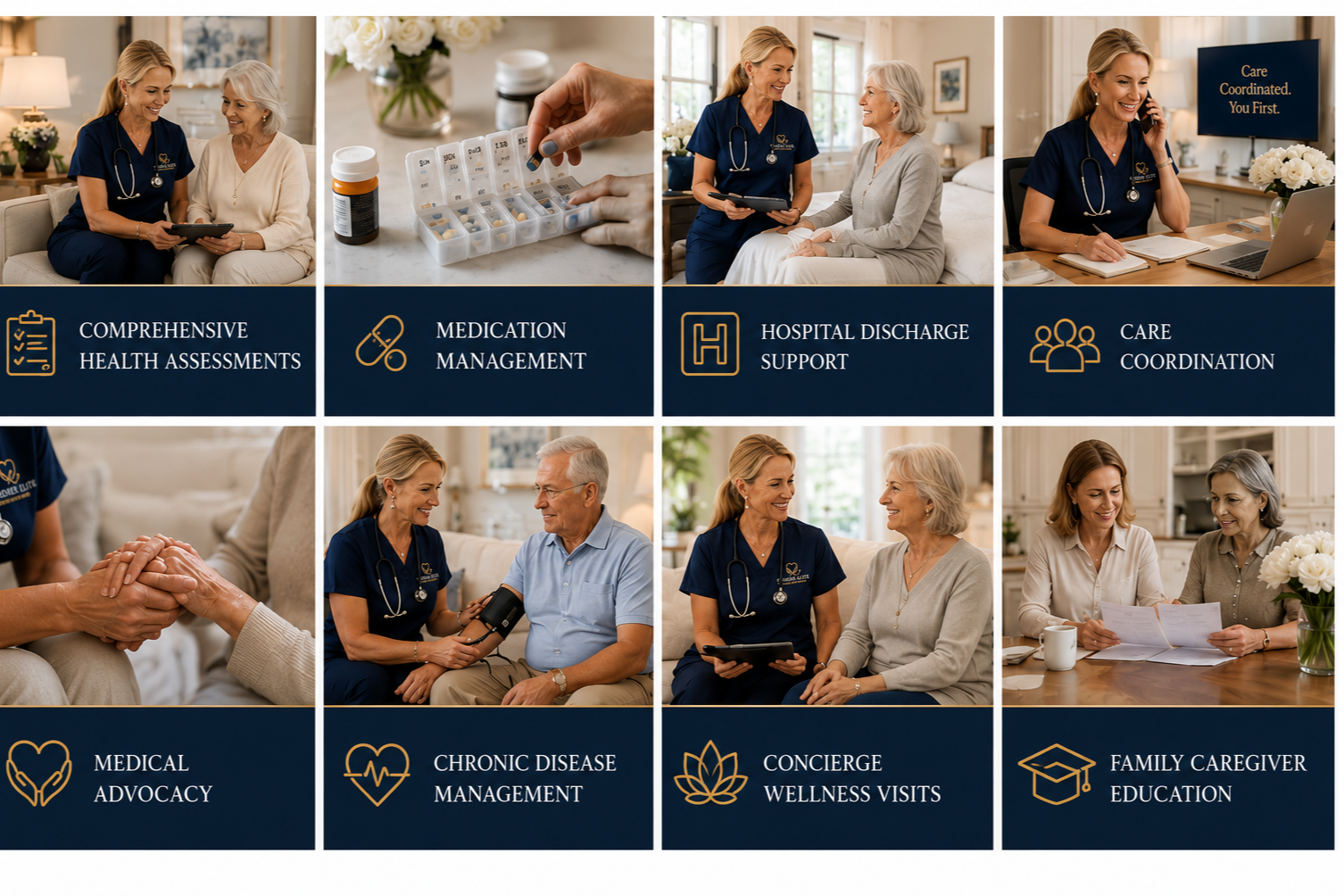 A collage of images showing healthcare professionals consulting with elderly patients, managing medications, providing hospital discharge support, care coordination, medical advocacy, chronic disease management, wellness visits, and family caregiver education. The collage emphasizes comprehensive health assessments, medication management, and support services.