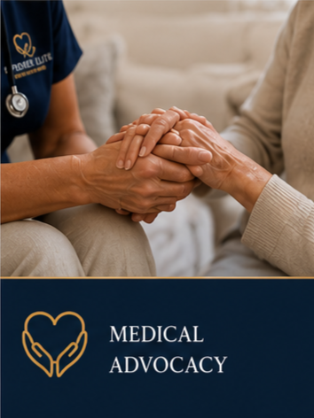 Two people holding hands in a supportive gesture during a healthcare consultation, with a sign in the background reading 'Medical Advocacy' and a logo of a heart in hands.