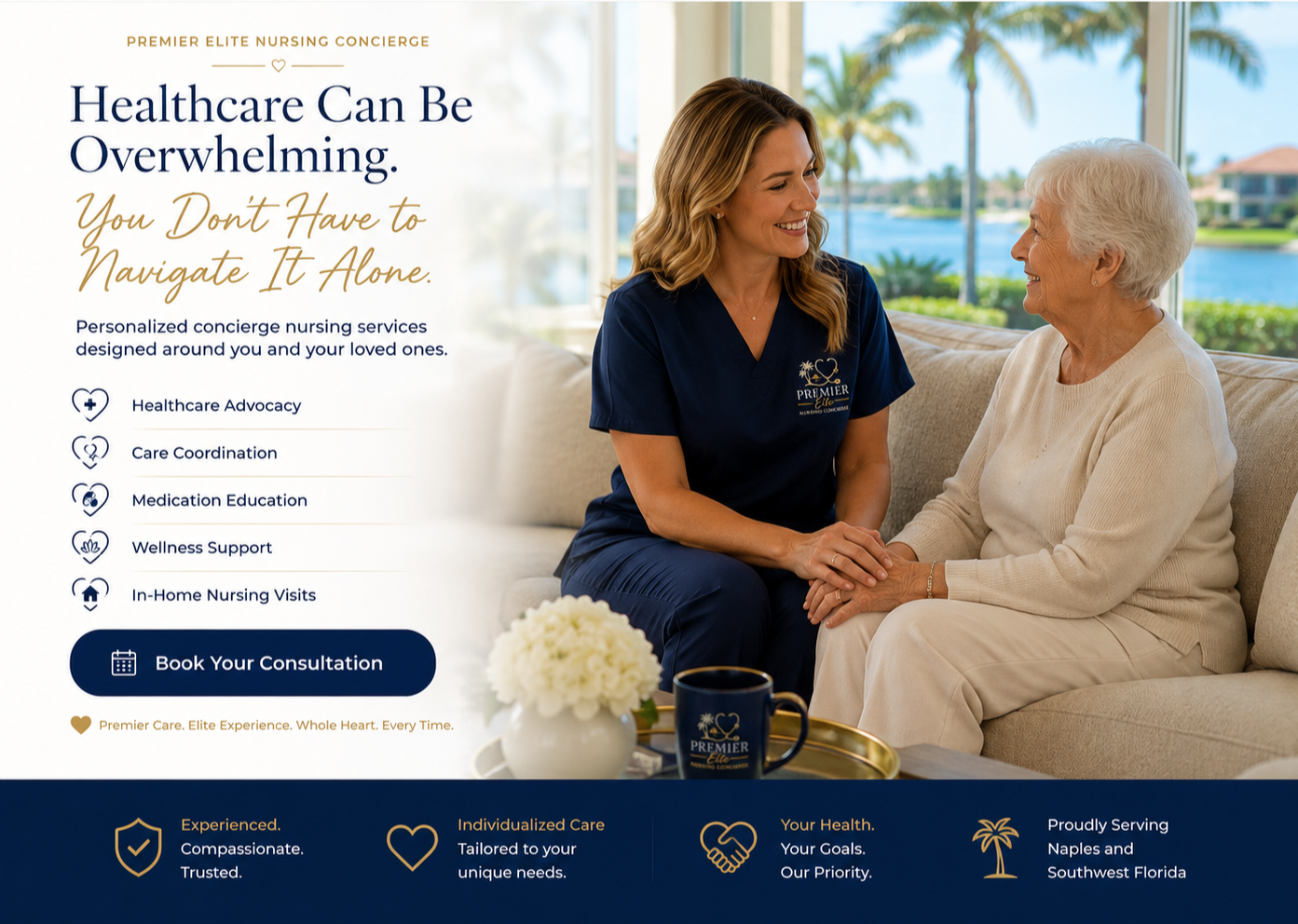A nurse in navy scrubs smiling and holding hands with an elderly woman inside a bright room with large windows overlooking palm trees and water.