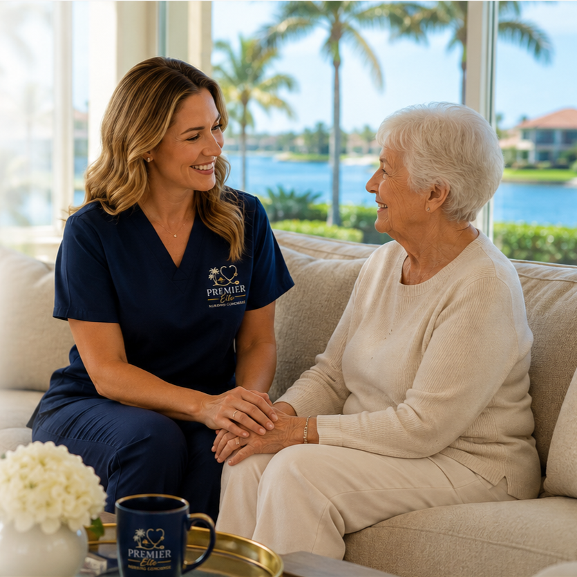 A caregiver and an elderly woman sharing a joyful moment on a sofa in a bright room with large windows overlooking water, palm trees, and houses. The caregiver wears navy scrubs with a logo, and the elderly woman is in a light-colored sweater and pants, holding hands and smiling at each other.