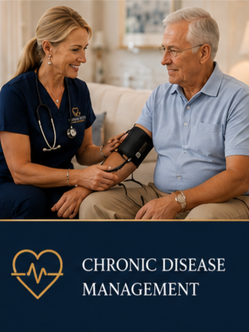 A healthcare professional, a woman in scrubs with a stethoscope, measuring an elderly man's blood pressure with a cuff in a medical office.