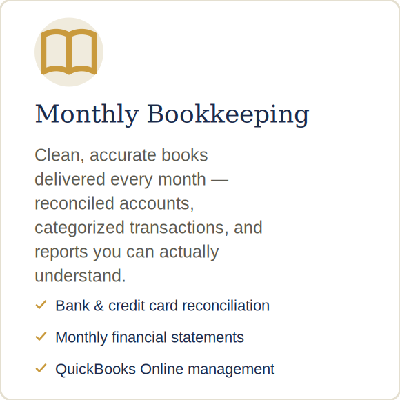 Advertisement for monthly bookkeeping services highlighting accurate books, reconciled accounts, categorized transactions, and reports, with features including bank and credit card reconciliation, monthly financial statements, and QuickBooks online management.