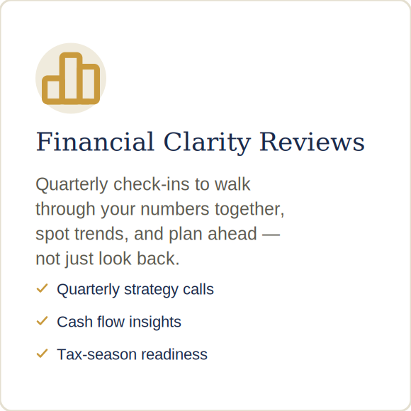 Financial Clarity Reviews benefits of quarterly check-ins for financial planning in bookkeeping and payroll for small businesses.