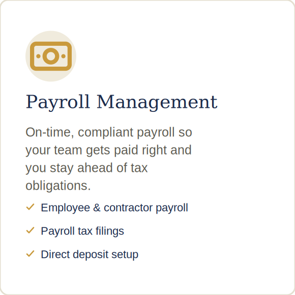 Payroll Management with employee and contractor payroll, payroll tax filings, and direct deposit setup for small businesses