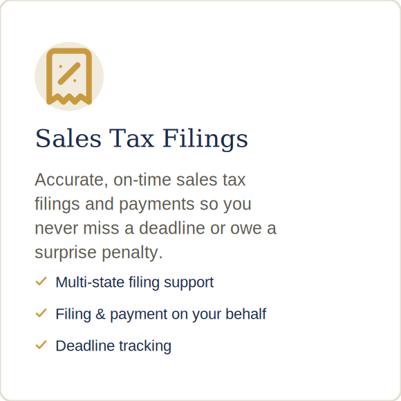 Sales Tax Filings support for multi-state filing, on behalf filing and payment, and deadline tracking in bookkeeping for small businesses