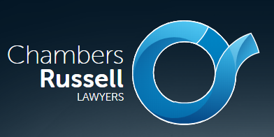 Logo of Chambers Russell Lawyers with blue circular design and company name