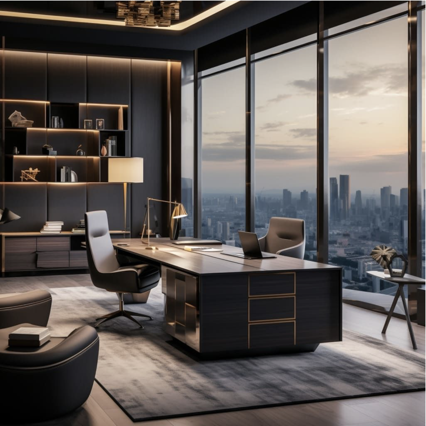 A modern high-rise office with large floor-to-ceiling windows overlooking a city skyline at sunset, furnished with a sleek black desk, office chairs, a lamp, and decorative shelves.