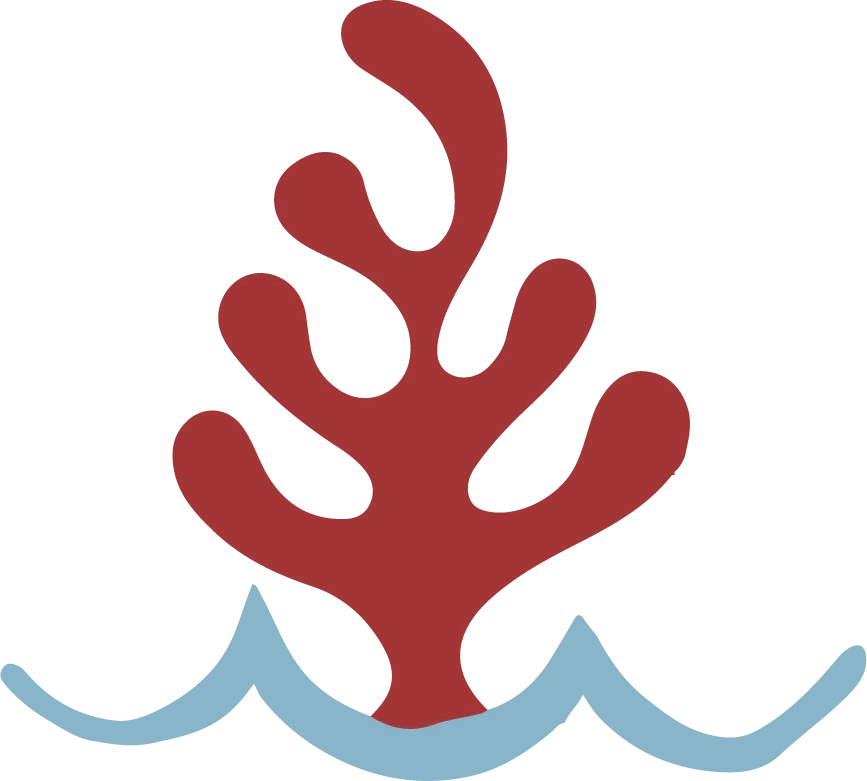 A stylized red coral branch with light blue waves at the bottom.