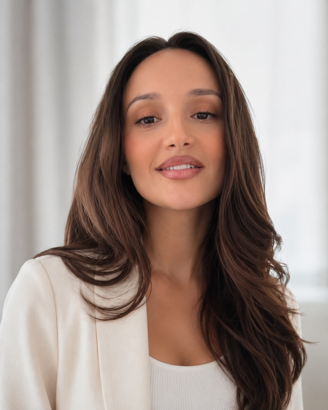 Close-up portrait of a woman with long, wavy brown hair, wearing a white blazer and top, smiling gently against a neutral background.