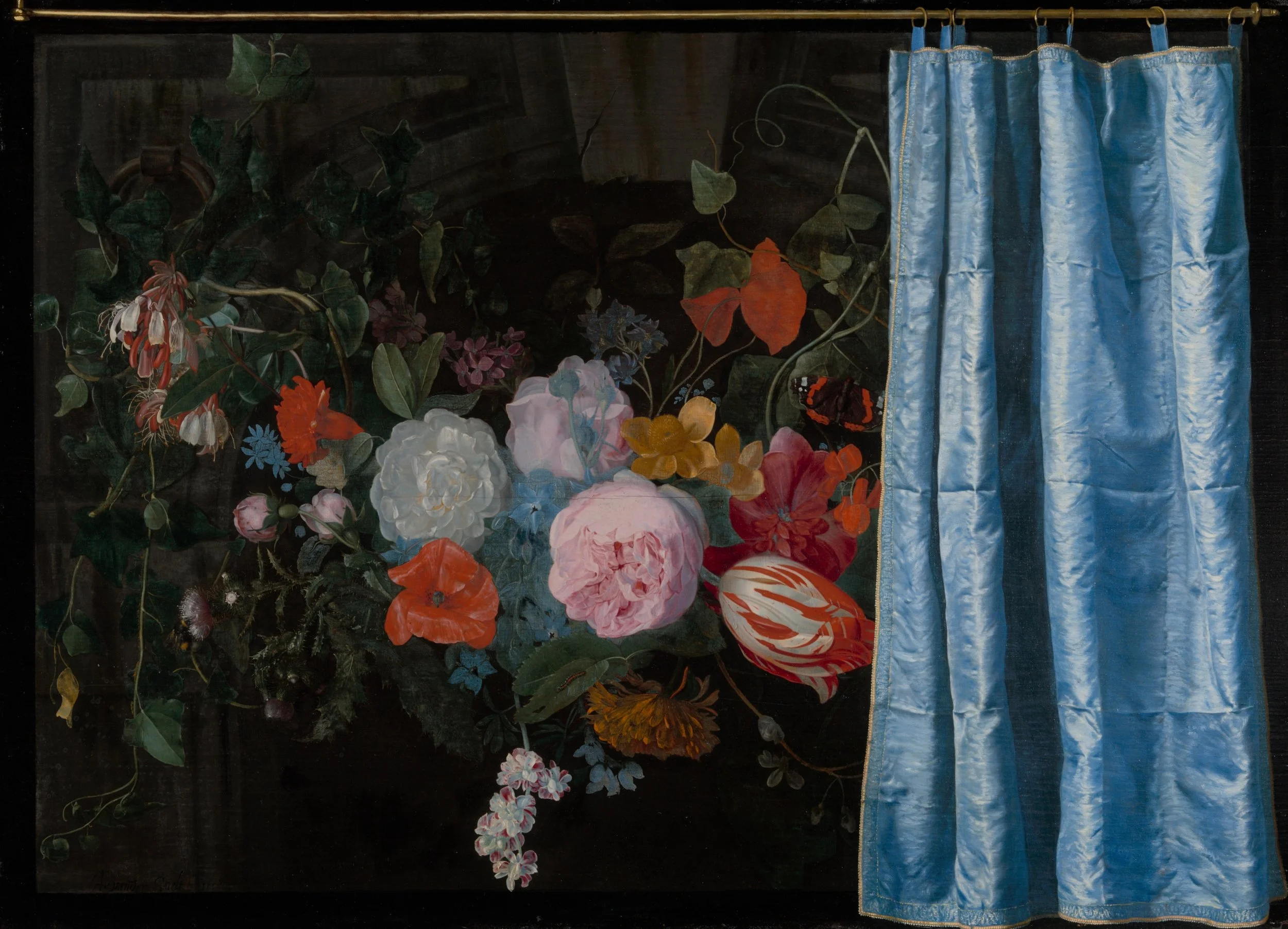 Trompe-l’Oeil Still Life with a Flower Garland and a Curtain. Adriaen van der Spelt, Frans van Mieris, 1658