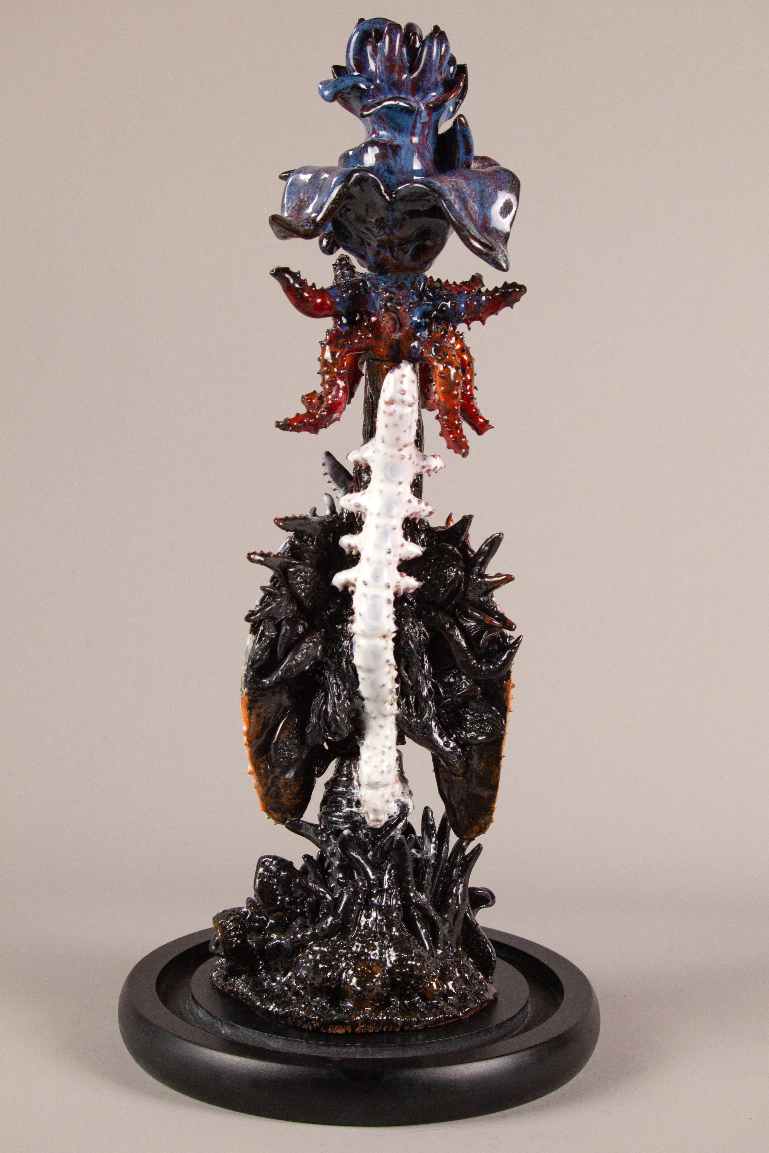 DIMORPHISM - stoneware + various glazes, glass wood. 60cm tall.
