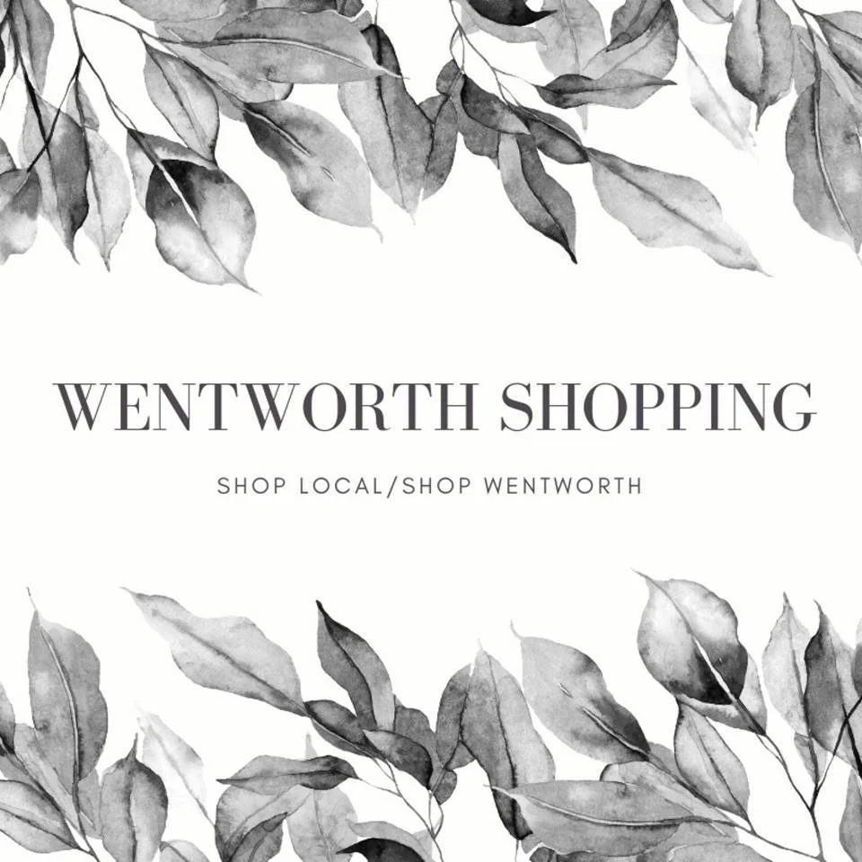 Black and white watercolor illustration of leaves surrounding the text "Wentworth Shopping" with a tagline "Shop Local/Shop Wentworth".